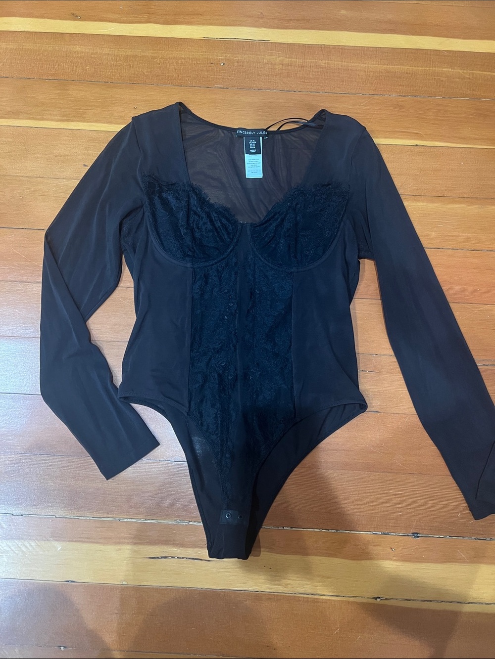 Sincerely Jules Black Lace-Underwire Mesh Long Sleeve Bodysuit M